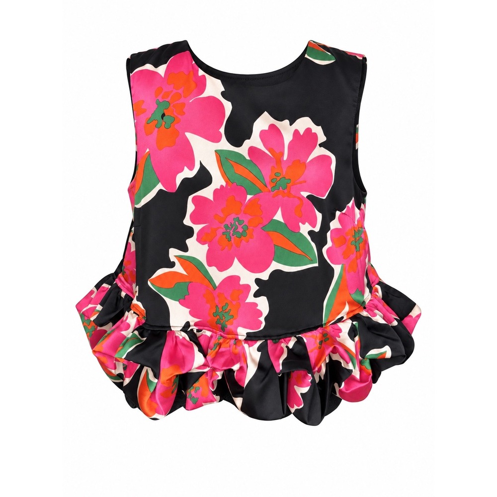 Floral Crop Top L Y2K Dopamine Dressing Maximalist Ruffle Peplum Statement